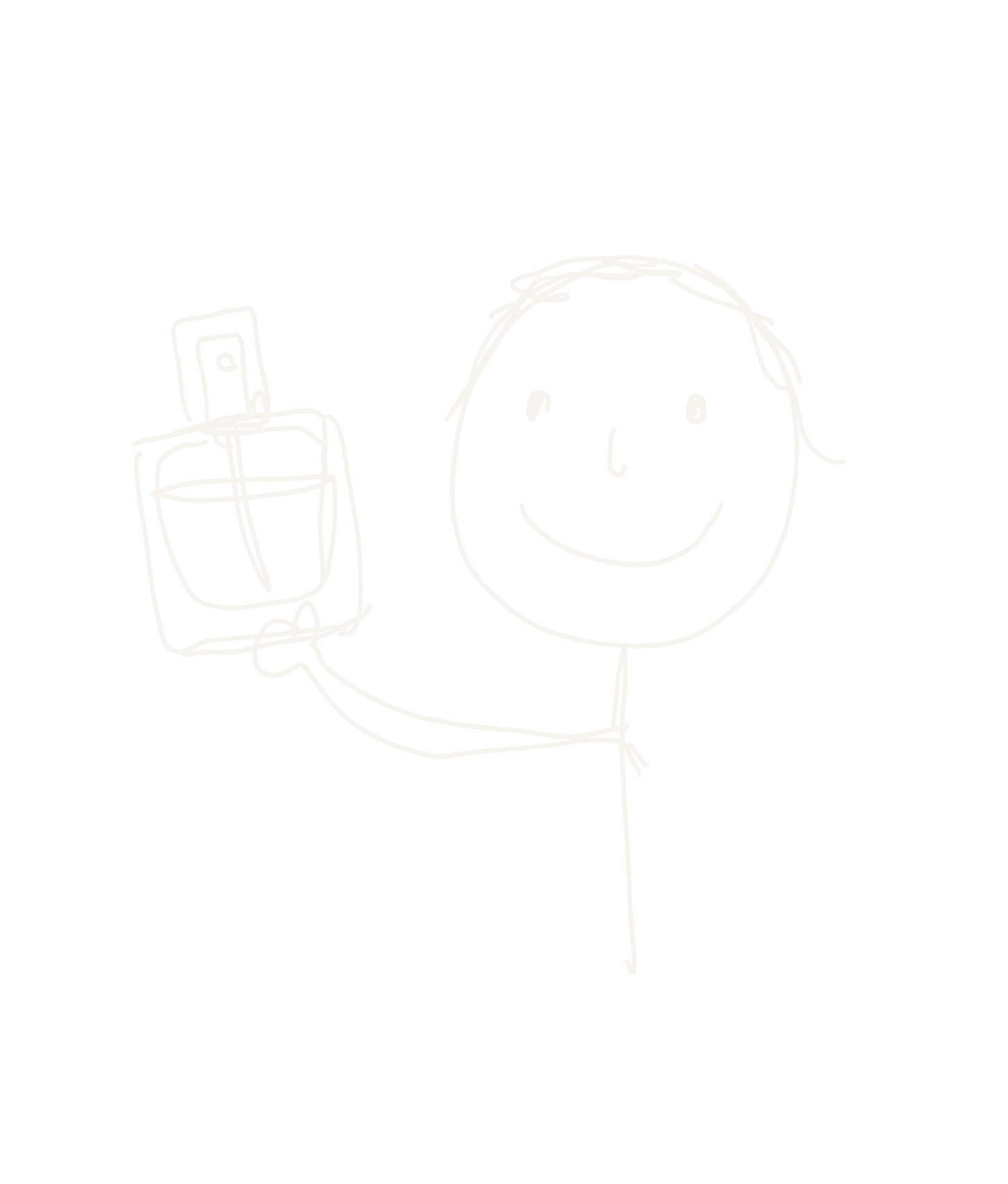 Transparent hand-drawn character holding an UNDER x PERFUME bottle